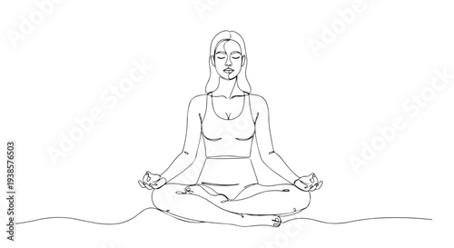 Elegant continuous line art drawing of a tranquil woman meditating in a lotus yoga pose, symbolizing mindfulness, balance, and inner peace for spiritual wellness
