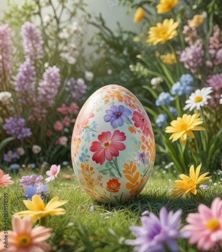 Colorful Easter egg with floral background and pastel colors in a spring garden setting , festive, pastel, nature