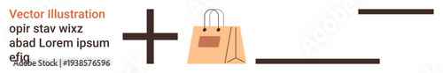 Online shopping, ecommerce concepts, retail, math education, visual learning, graphic . Paper shopping bag with a plus symbol and lines. Ecommerce and online shopping theme