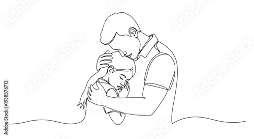 A loving father holding his daughter close in an embrace, a tender moment of paternal affection and familial bond captured in a simple line drawing
