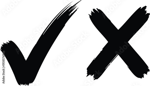 Black check mark and cross symbol with brush stroke texture