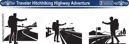 Traveler Hitchhiking on Highway, Concept of Adventure, Freedom and Road Trip Journey
