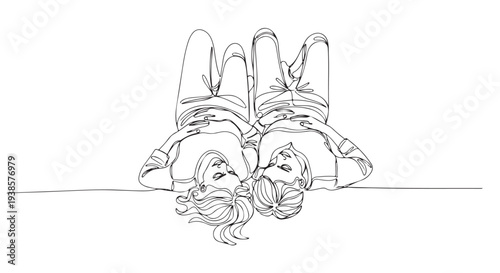 Two friends lying down upside down together, a simple black and white line art illustration of companionship