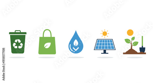 Eco-friendly icons representing recycling and sustainability.