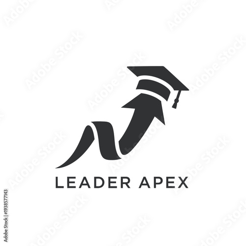 Rising arrow with graduation cap logo for educational leadership or career growth LEADER APEX