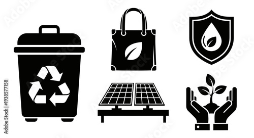 Eco-friendly icons representing recycling and sustainability.