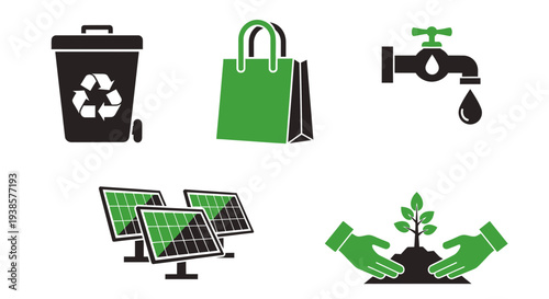 Eco-friendly icons representing recycling and sustainability efforts.