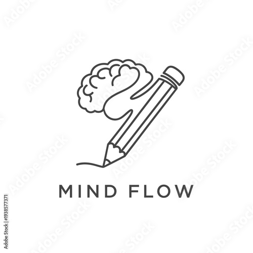 Creative brain pencil icon logo for education or psychological writing services called Mind Flow