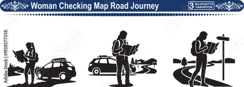 Woman Checking Paper Map on Road Trip, Concept of Travel Journey, Navigation and Adventure
