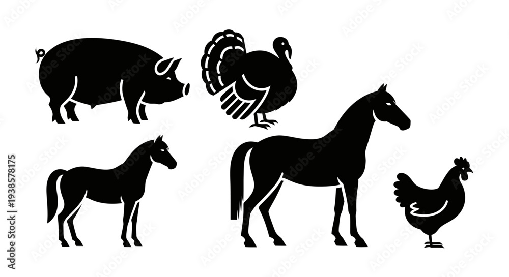 Obraz premium Farm Animals Silhouettes Collection on White Background