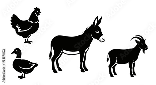 Farm animals silhouettes collection: chicken, duck, donkey, and goat icons on white background