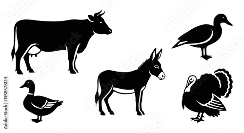 Farm Animals Silhouettes Collection: Cow, Donkey, Duck, Turkey Vector Icons Set