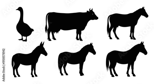 Farm Animals Silhouettes Collection: Goose, Cow, Horse, and Donkey Outlines