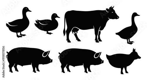 Farm Animals Silhouettes Collection: Duck, Goose, Pig, and Cow Vector Icons