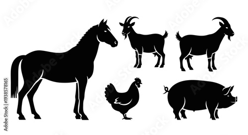 Farm Animals Silhouettes Collection: Horse, Goats, Chicken, and Pig Icons