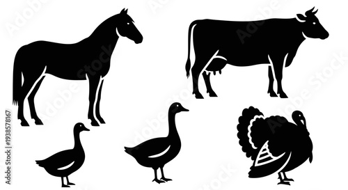 Farm Animals Silhouettes Collection: Horse, Cow, Geese, Turkey Icons on White