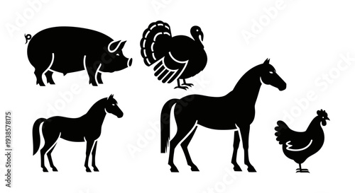 Farm Animals Silhouettes Collection on White Background