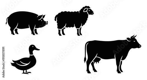 Farm Animals Silhouettes Collection: Pig, Sheep, Duck, and Cow Icons