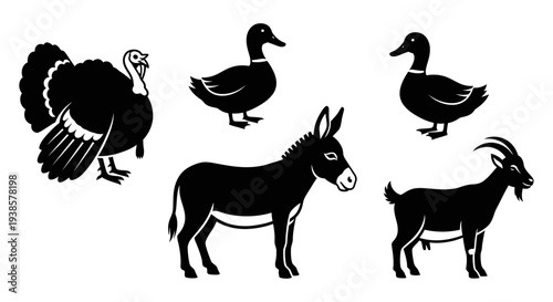 Farm Animals Silhouettes Collection: Turkey, Ducks, Donkey, and Goat Icons