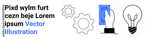 Business innovation, technology, automation, financial processes, creativity, and ideas. A hand holds money beside gear icons and a light bulb. Business innovation and creativity concept