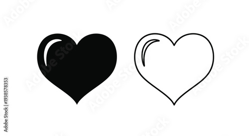 Set of 2 Black and White Heart Icons Vector - Solid and Outline Style for Love, Health, and Favorite Concepts