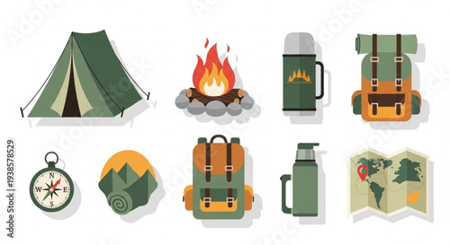 Camping and Hiking Gear Collection Flat Design Icons.