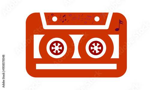 Retro orange audio cassette tape icon with music notes, flat vintage mixtape symbol isolated on white for music, recording, and 80s nostalgia designs