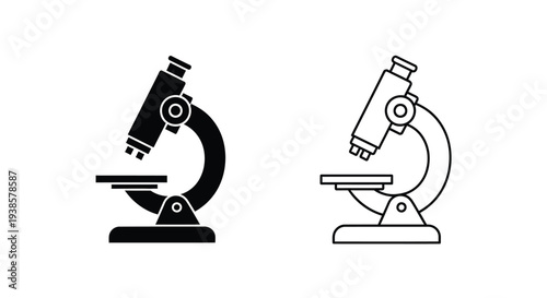 Set of 2 black and white microscope icons vector, featuring solid fill and outline styles for scientific research and laboratory concepts
