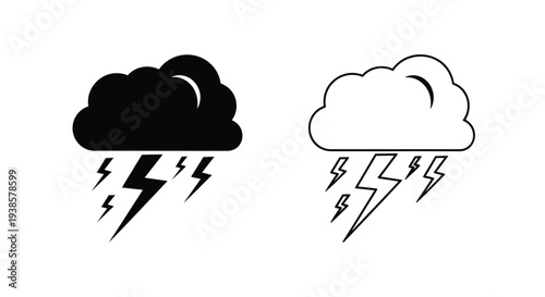 Black and white storm cloud with lightning bolt vector icon set, depicting severe weather conditions, suitable for weather apps, forecasts, and warning systems.