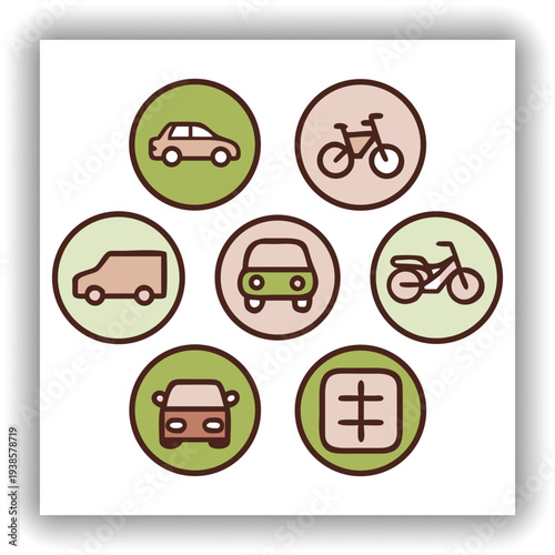 A collection of eight circular road signs are displayed against a plain, light-colored background. Each sign features a black silhouette of a different type of vehicle a car, a van, a bus, and a motor