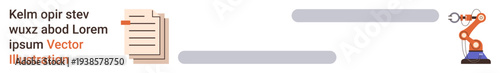 Automation, robotics, industrial processing, document handling, workflow optimization, manufacturing. Document with text transferring to a robotic arm. Automation and robotics concept