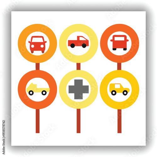 A collection of eight circular road signs are displayed against a plain, light-colored background. Each sign features a black silhouette of a different type of vehicle a car, a van, a bus, and a motor
