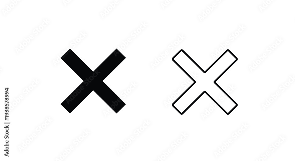 Obraz premium Set of 2 Black X Mark Icons Vector - Solid and Outline Style for Close, Delete, or Incorrect Symbols