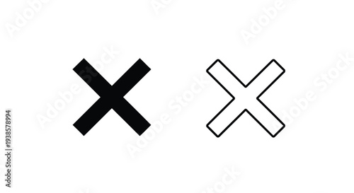 Set of 2 Black X Mark Icons Vector - Solid and Outline Style for Close, Delete, or Incorrect Symbols