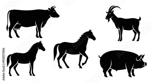 Farm Animals Silhouettes Set: Cow, Horse, Pig, and Goat Livestock Icons