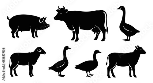 Farm Animals Silhouettes Set: Cow, Pig, Sheep, and Geese Livestock Collection