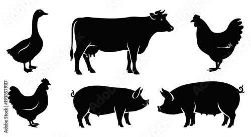 Farm Animals Silhouettes Set: Cow, Pig, Chicken, Goose - Livestock Collection