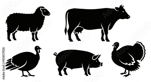 Farm Animals Silhouettes Set: Cow, Pig, Sheep, and Turkeys for Agriculture and Livestock Design