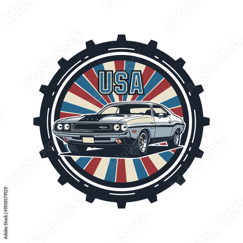 Vintage american muscle car emblem with usa text and red white blue rays