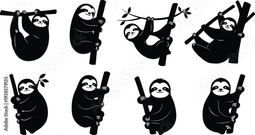 Cartoon sloth illustrations, black and white, hanging pose, climbing, sitting, tree branch, relaxed posture, animal design, vector character set