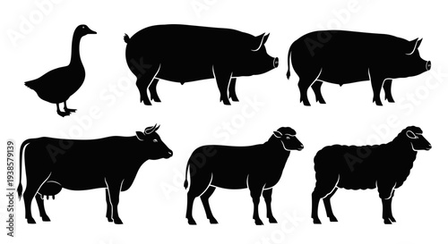 Farm Animals Silhouettes Set: Goose, Pigs, Cow, and Sheep Livestock Collection