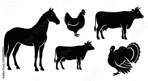 Farm Animals Silhouettes Set: Horse, Cow, Chicken, and Turkey Icons