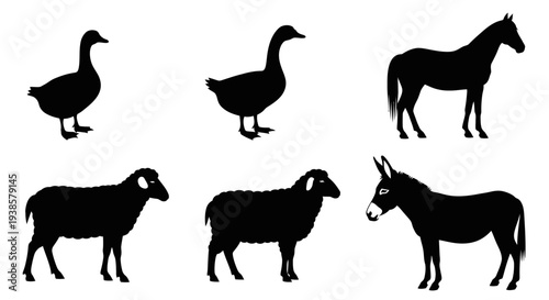 Farm Animals Silhouettes Set: Horse, Donkey, Geese, and Sheep on White Background