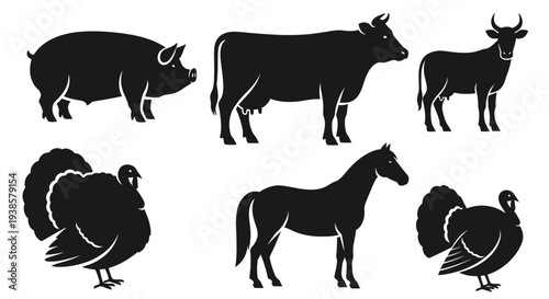 Farm Animals Silhouettes Set: Pig, Cow, Bull, Horse, and Turkeys Icons Collection