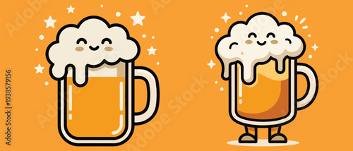 Two smiling mugs of foamy beer with twinkling stars around them