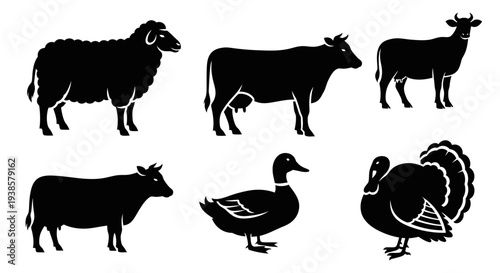 Farm Animals Silhouettes Set: Livestock and Poultry Icons