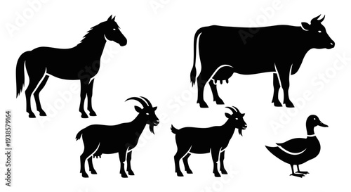 Farm Animals Silhouettes Set: Horse, Cow, Goats, and Duck Icons