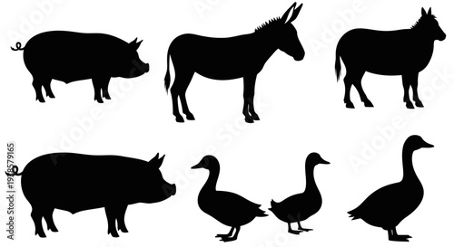 Farm Animals Silhouettes Set: Pig, Donkey, Goat, and Ducks Icons on White Background