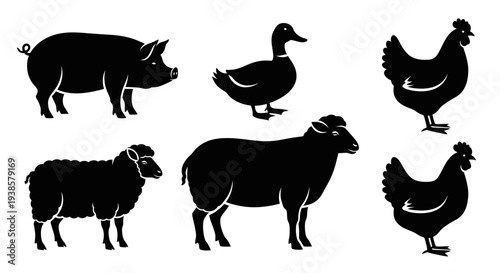 Farm Animals Silhouettes Set: Pig, Duck, Chicken, and Sheep Icons