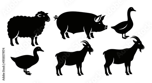 Farm Animals Silhouettes Set: Pig, Sheep, Goat, Duck, Goose - Livestock Collection